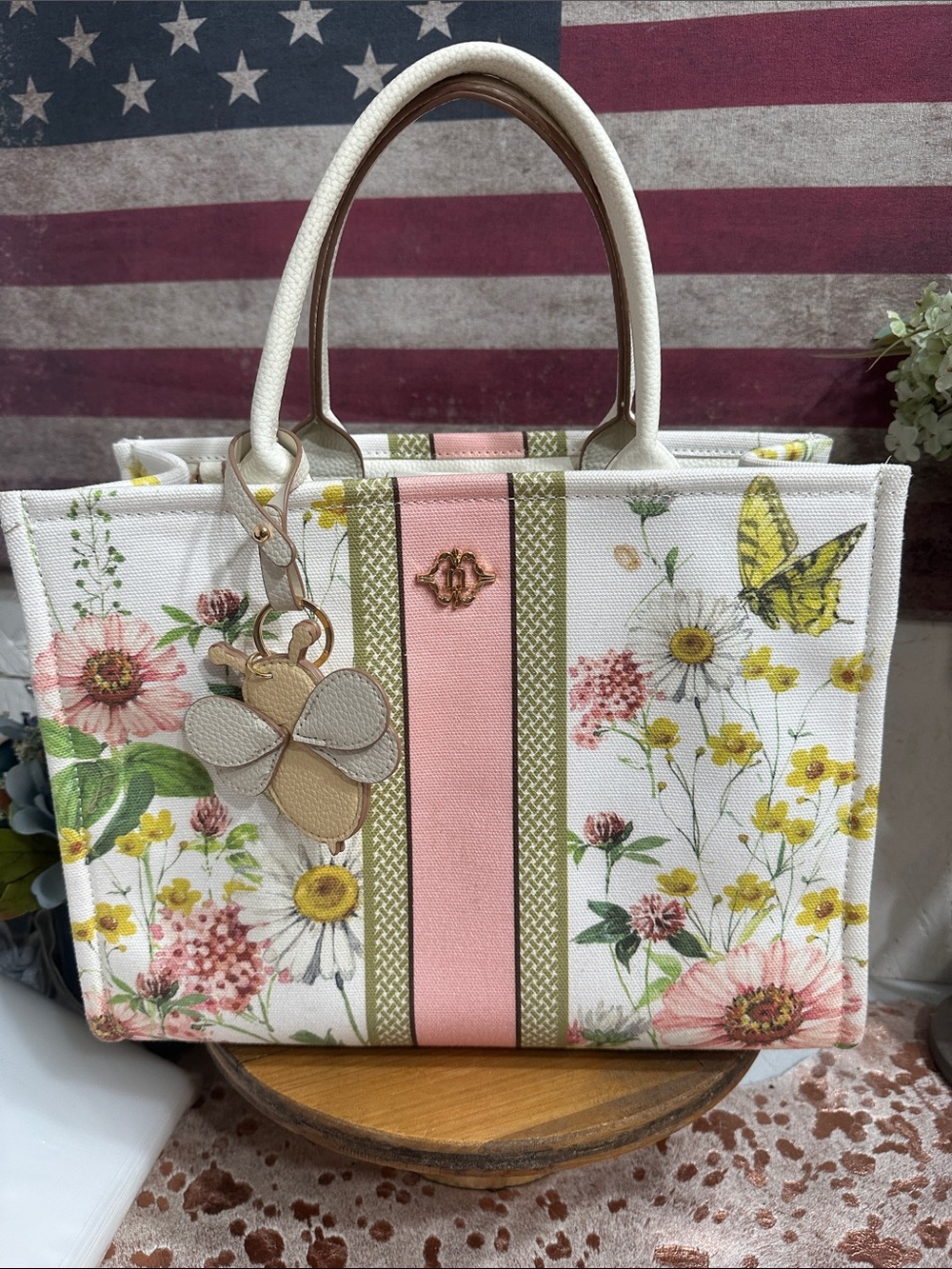 NWOT Nannette Lepore Floral Canvas Tote Bag with Pink Stripe